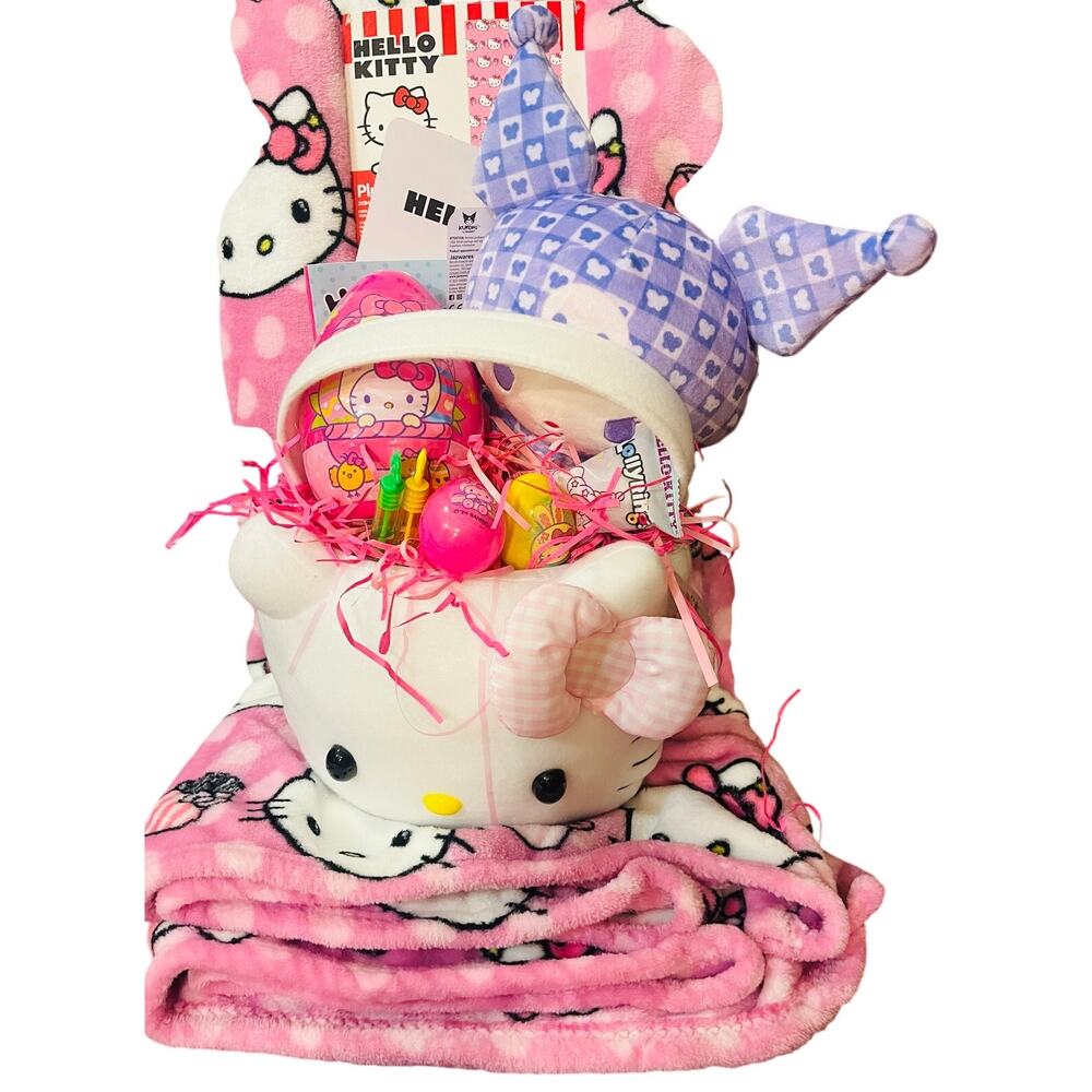 Hello kitty plush bucket with 50 x 70 adorable playful throw ,HK chalk and book